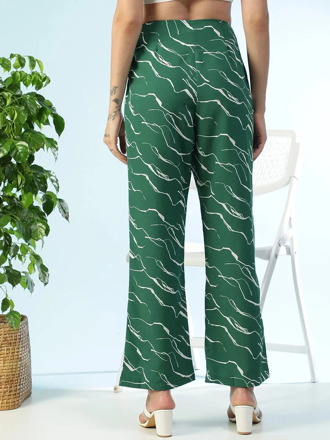 Flexette Green Abstract Print Elastiacted Women Flare Pant