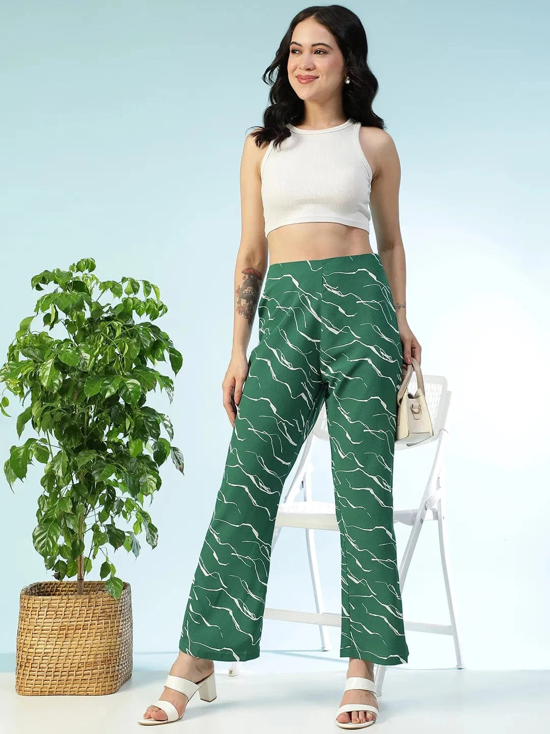 Flexette Green Abstract Print Elastiacted Women Flare Pant
