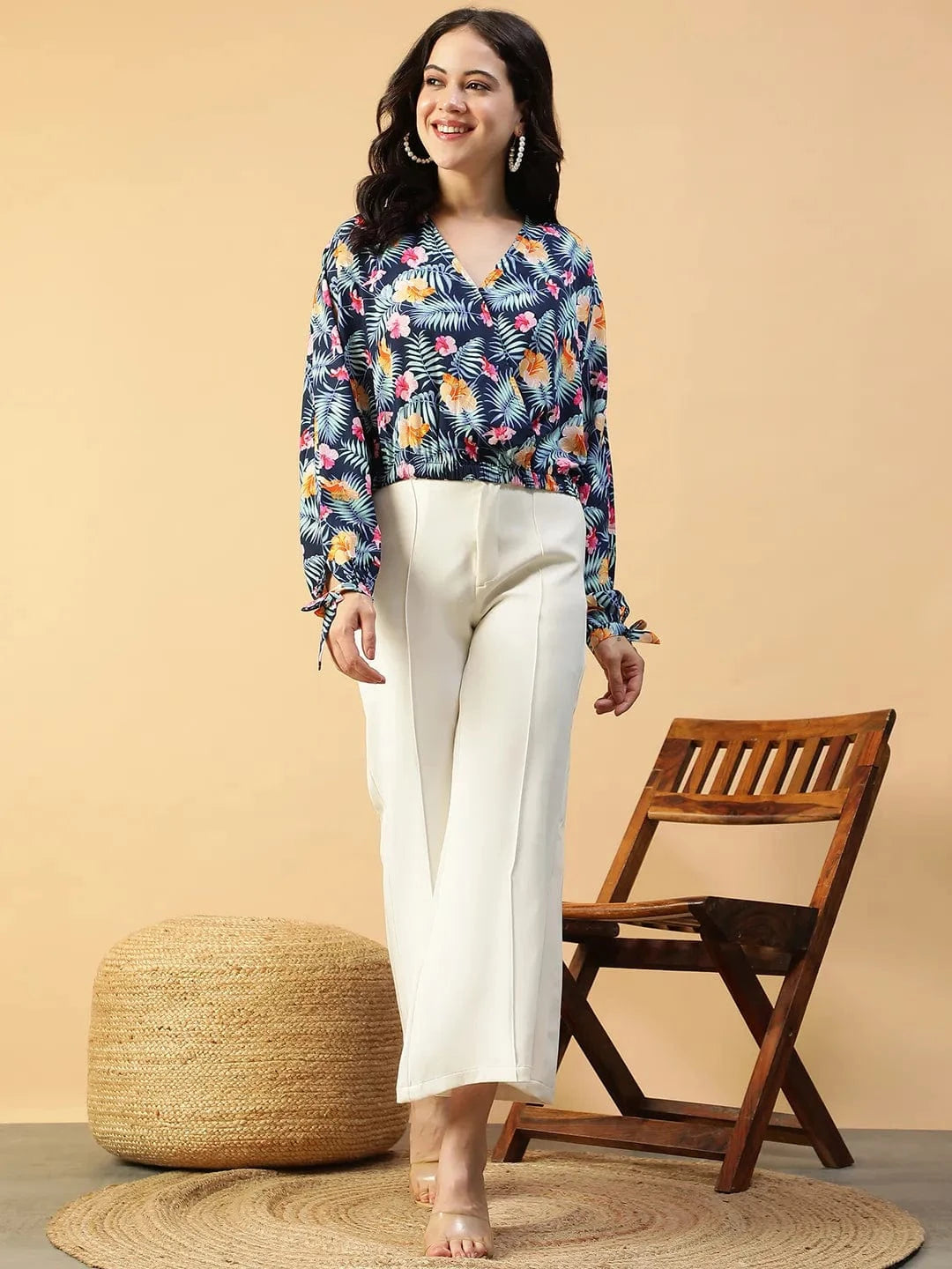 Approved Blue Floral Print Long Sleeve Elasticated Women Crop Top