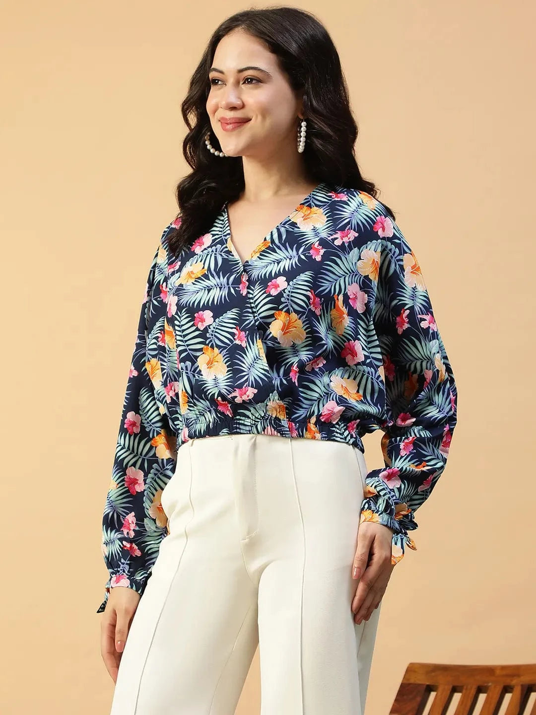 Approved Blue Floral Print Long Sleeve Elasticated Women Crop Top
