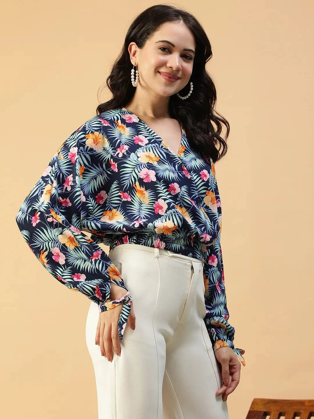 Approved Blue Floral Print Long Sleeve Elasticated Women Crop Top