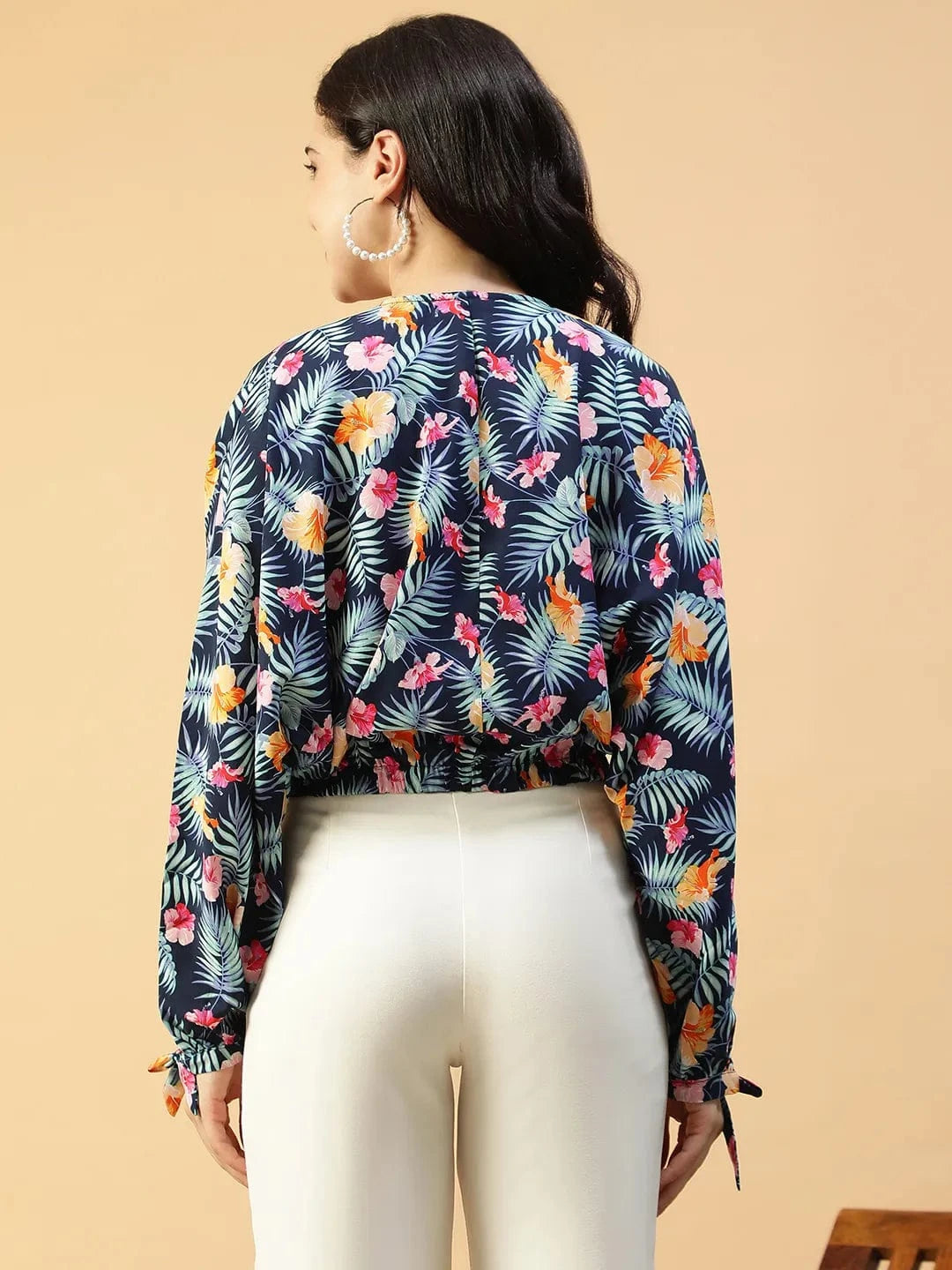 Approved Blue Floral Print Long Sleeve Elasticated Women Crop Top