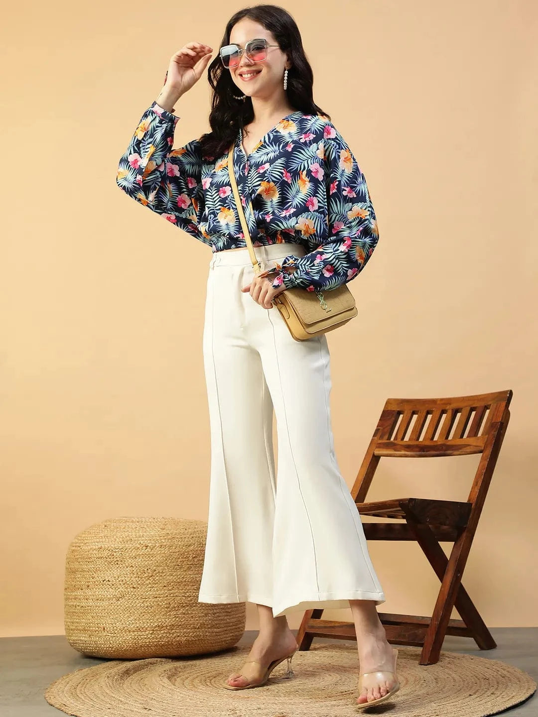 Approved Blue Floral Print Long Sleeve Elasticated Women Crop Top