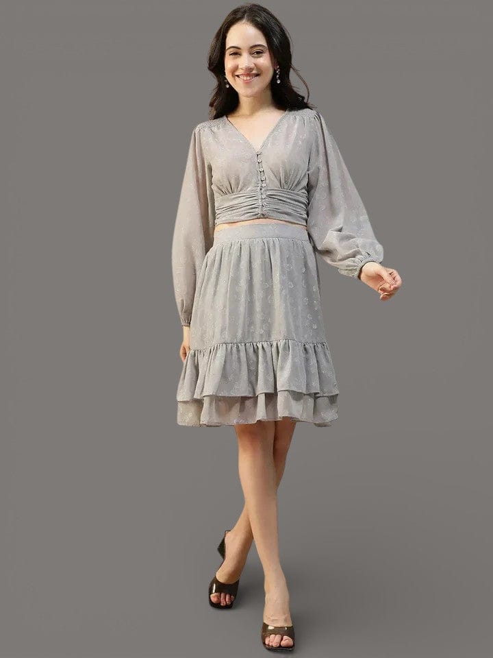Silver Grey Co-Ord Set - Women's Shimmery Long Sleeve Crop Top & Elasticated Waist Skirt