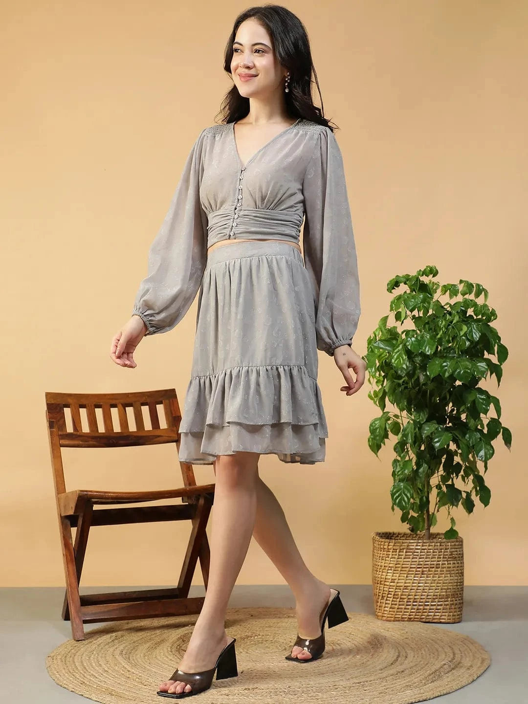 Silver Grey Co-Ord Set - Women’s Shimmery Long Sleeve Crop Top & Elasticated Waist Skirt