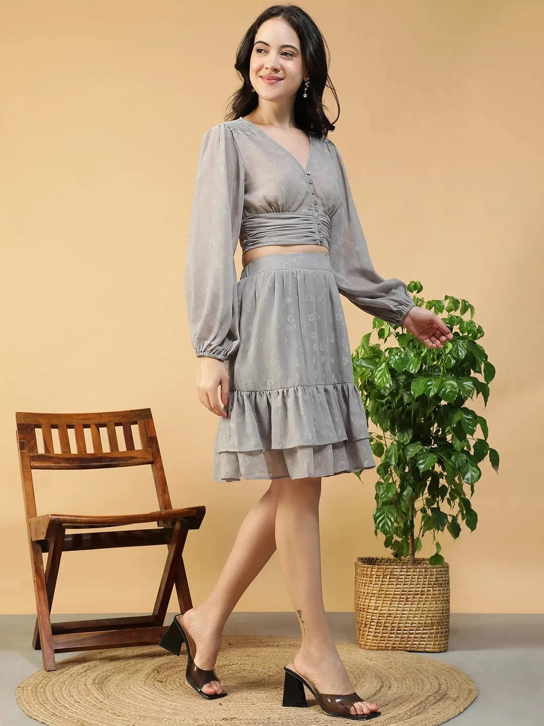 Silver Grey Co-Ord Set - Women’s Shimmery Long Sleeve Crop Top & Elasticated Waist Skirt