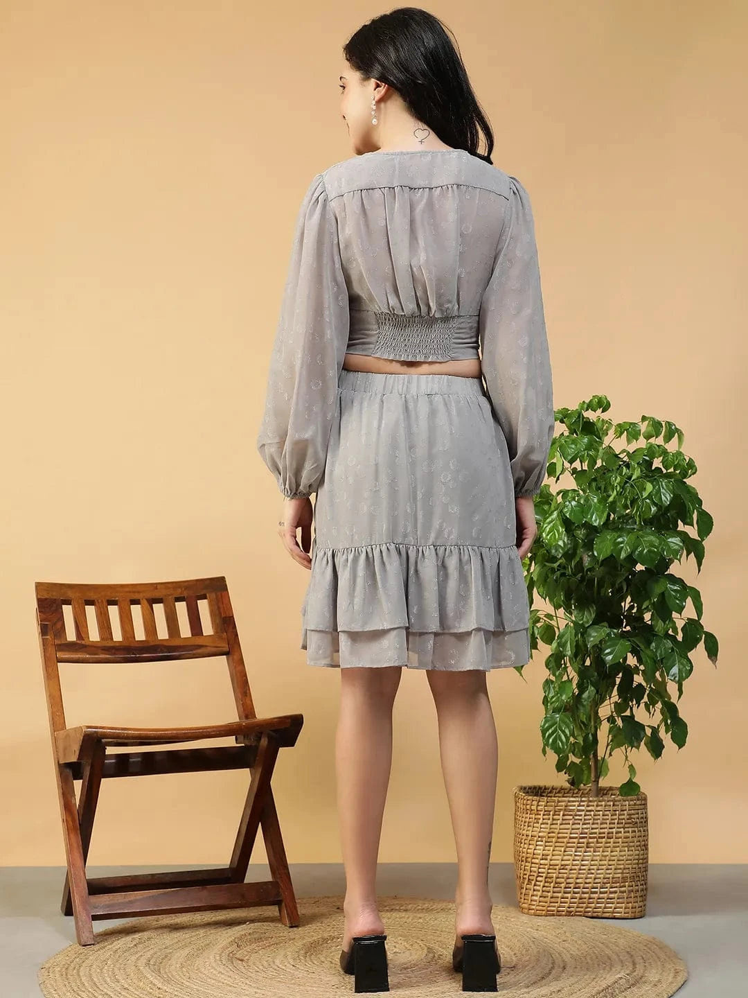 Silver Grey Co-Ord Set - Women’s Shimmery Long Sleeve Crop Top & Elasticated Waist Skirt