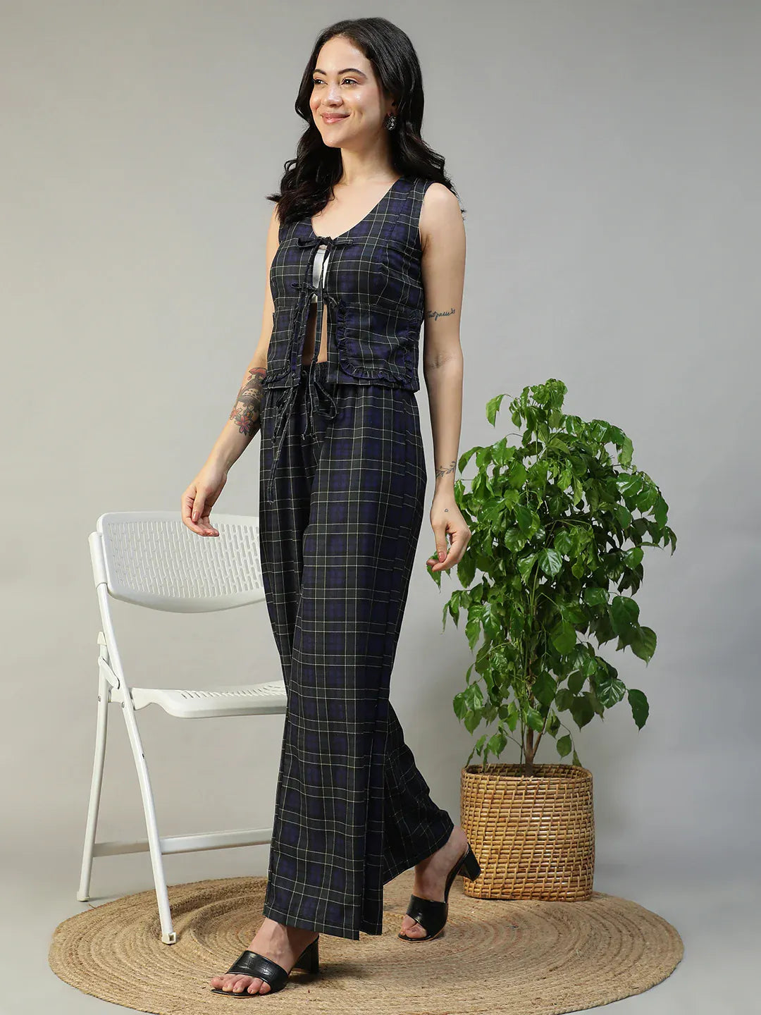 Purple Check Print Top & Elasticated Tie-Up Pants Co-Ord Set for Women
