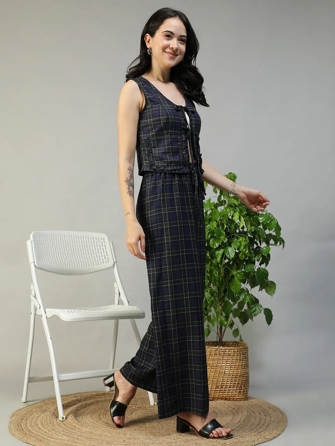Purple Check Print Top & Elasticated Tie-Up Pants Co-Ord Set for Women