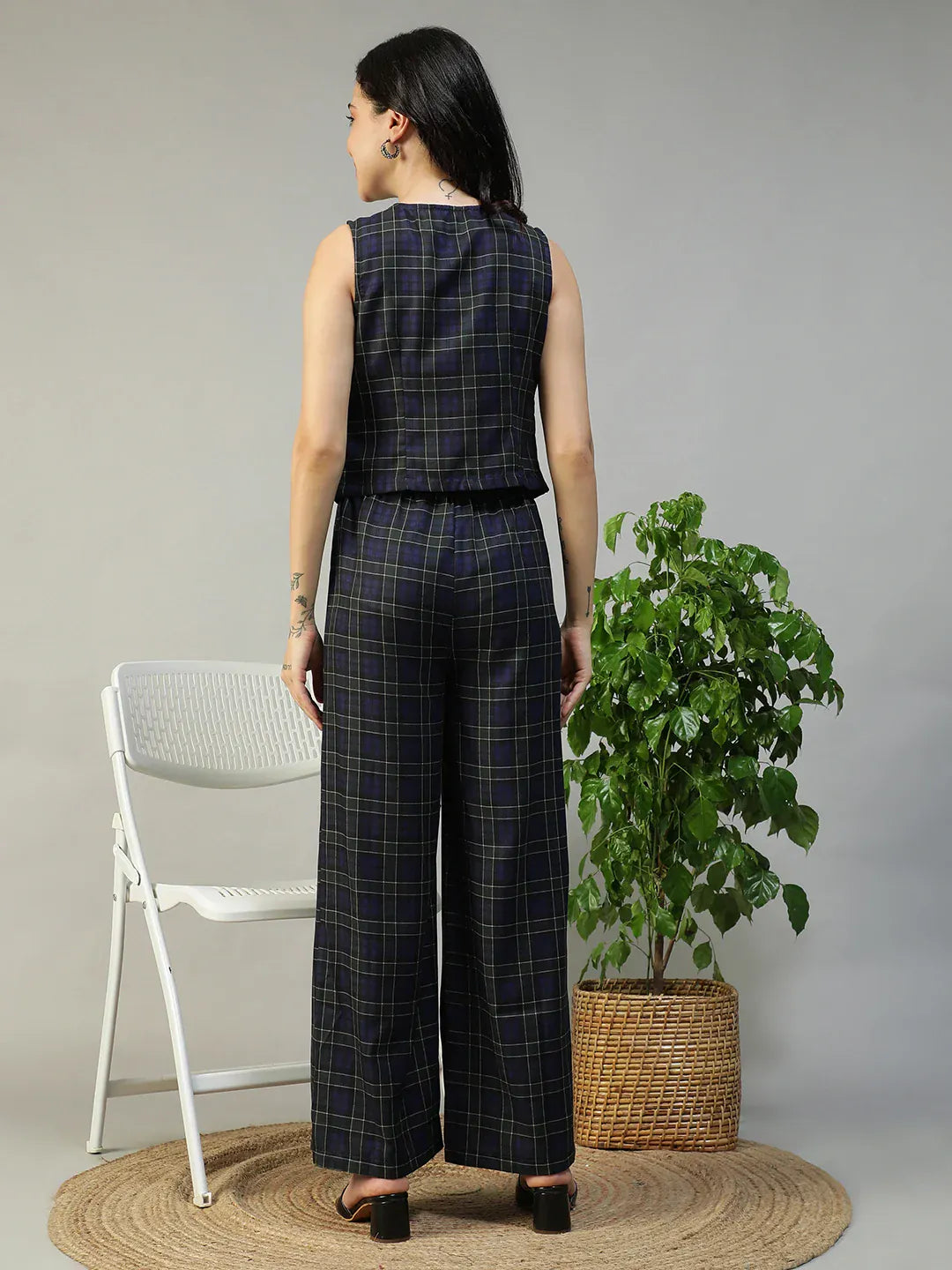 Purple Check Print Top & Elasticated Tie-Up Pants Co-Ord Set for Women
