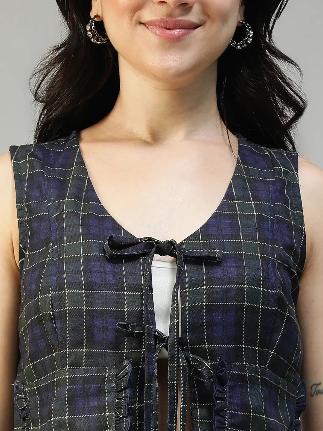 Purple Check Print Top & Elasticated Tie-Up Pants Co-Ord Set for Women