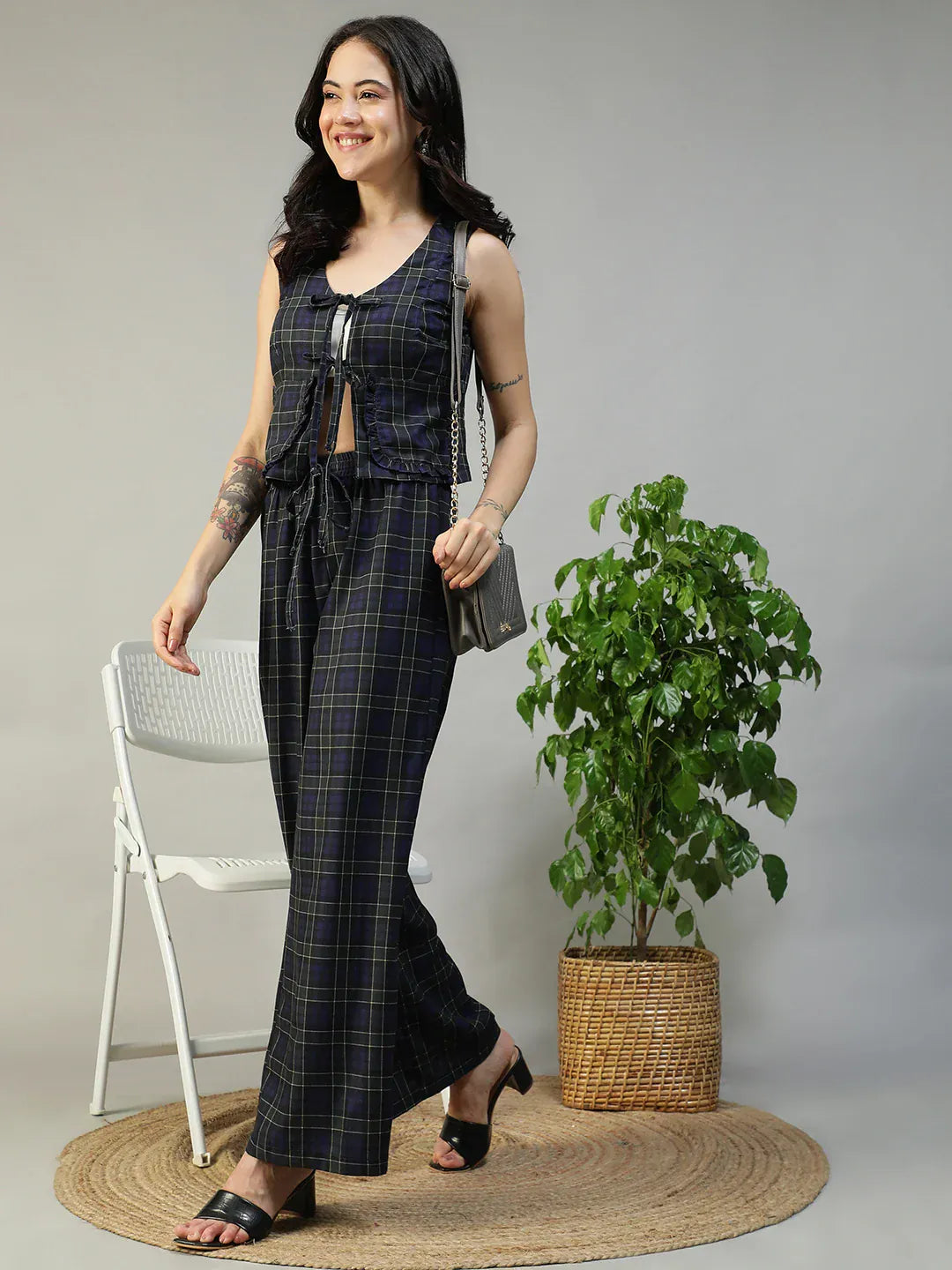 Purple Check Print Top & Elasticated Tie-Up Pants Co-Ord Set for Women