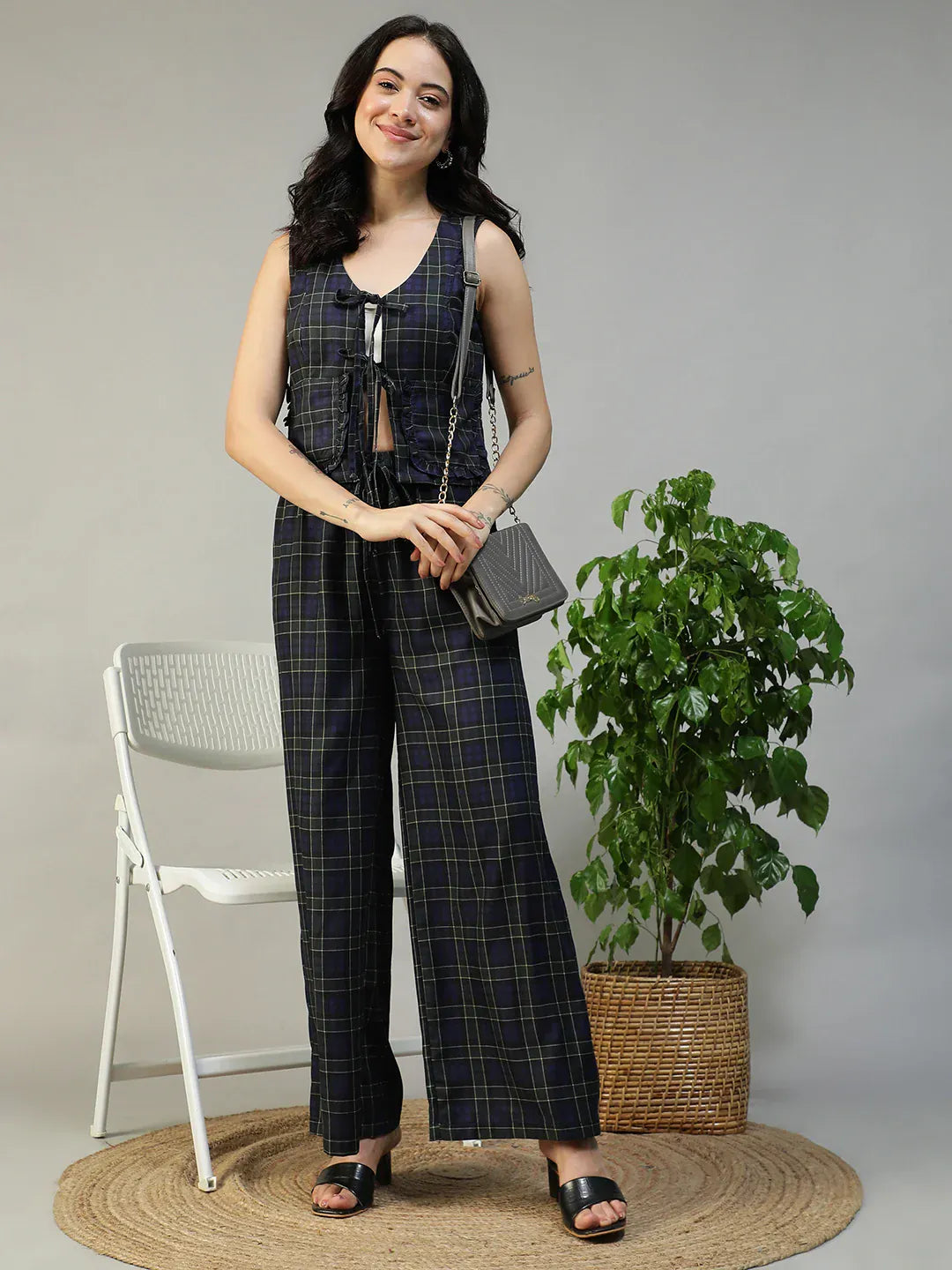 Purple Check Print Top & Elasticated Tie-Up Pants Co-Ord Set for Women