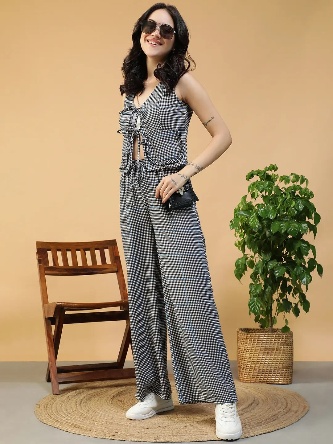 Black & White Check Print Sleeveless Top & Elasticated Pants Co-Ord Set for Women