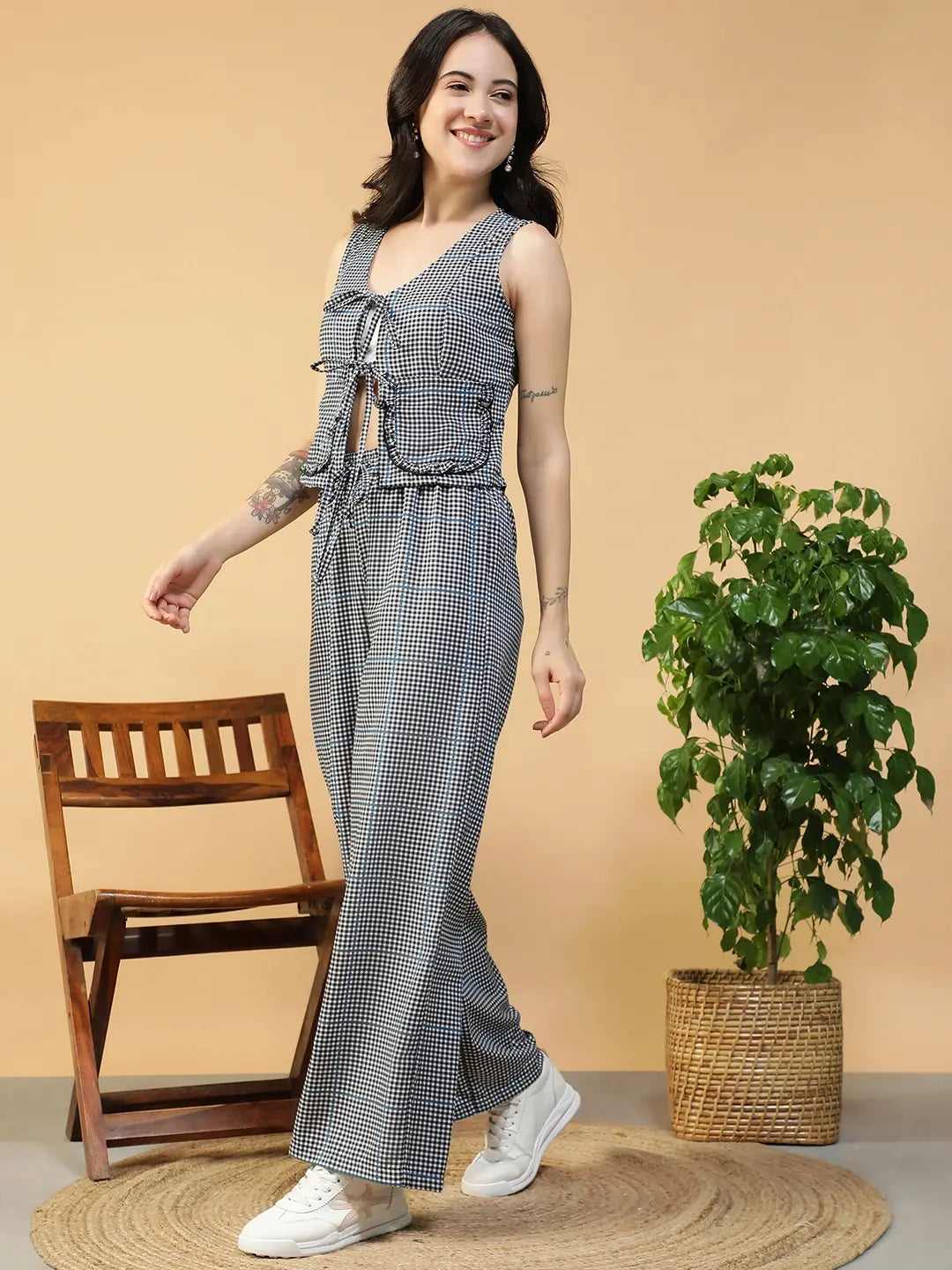 Black & White Check Print Sleeveless Top & Elasticated Pants Co-Ord Set for Women