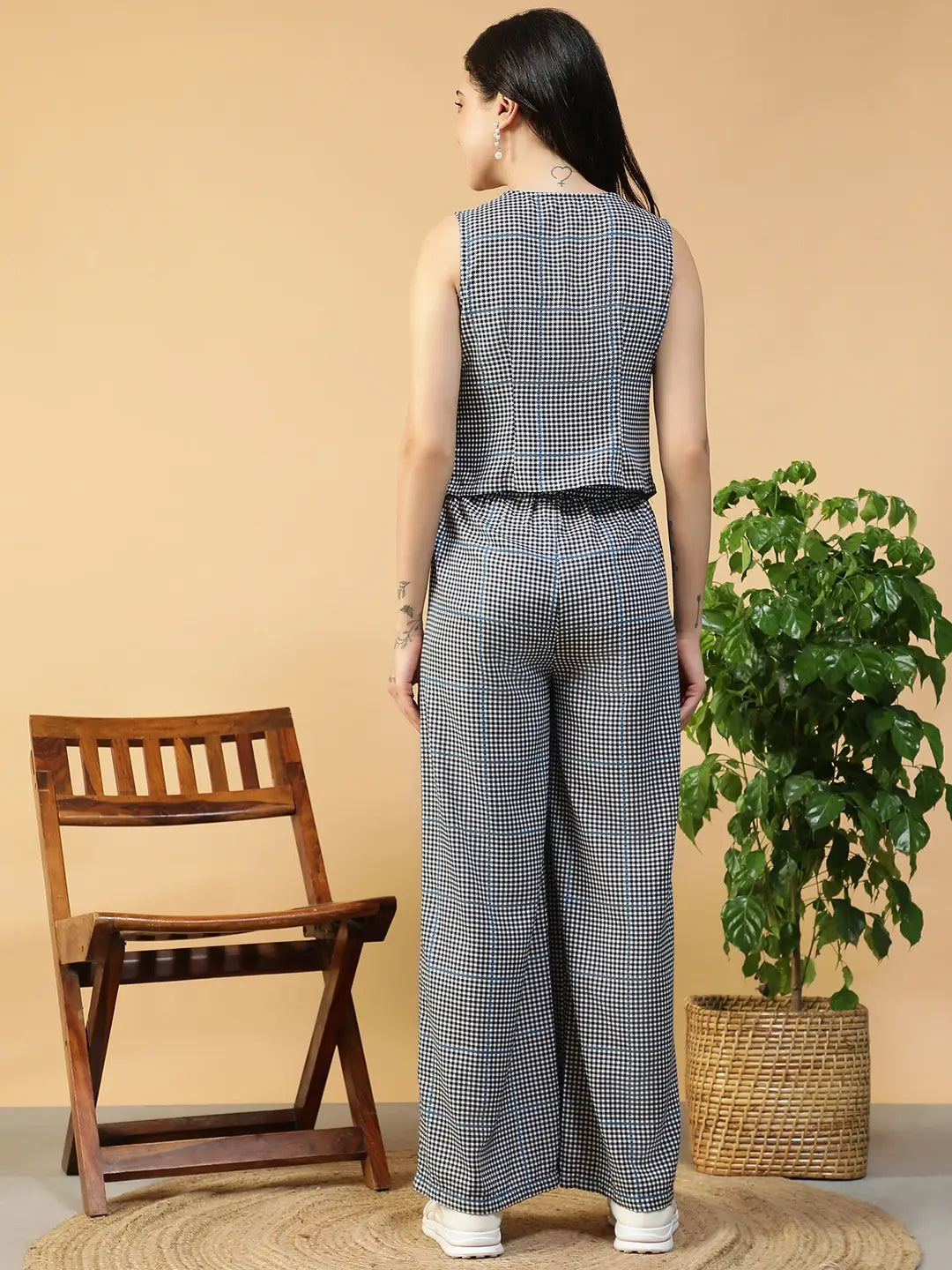 Black & White Check Print Sleeveless Top & Elasticated Pants Co-Ord Set for Women