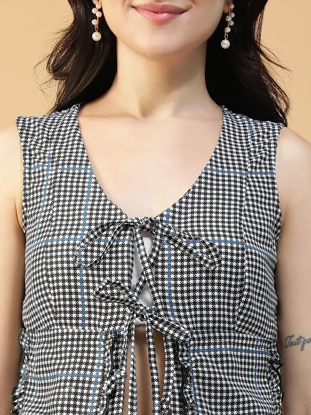 Black & White Check Print Sleeveless Top & Elasticated Pants Co-Ord Set for Women
