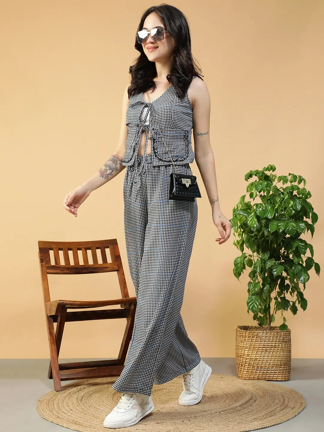 Black & White Check Print Sleeveless Top & Elasticated Pants Co-Ord Set for Women