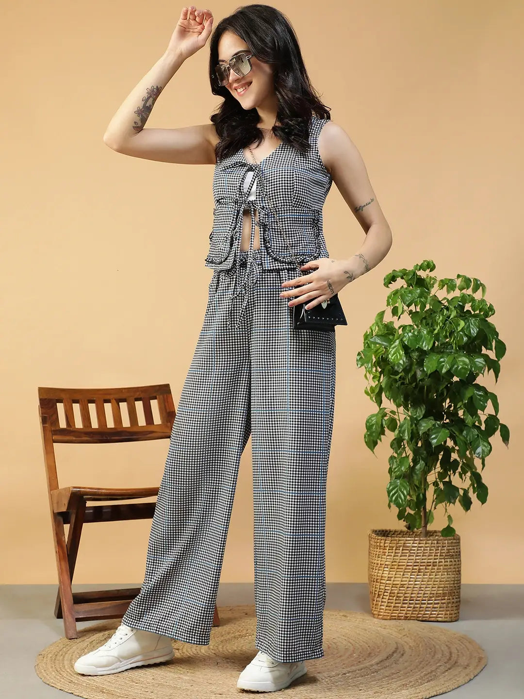Black & White Check Print Sleeveless Top & Elasticated Pants Co-Ord Set for Women