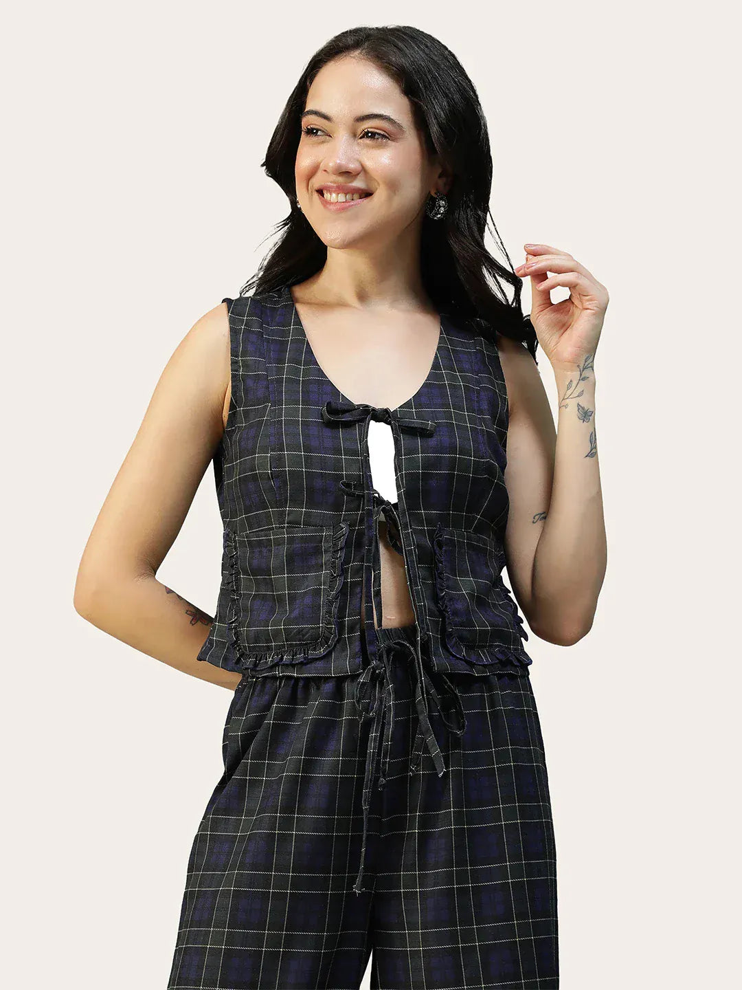 Women Navy Check Slub V-Neck Sleeveless Tie-Up Top With Front Pockets
