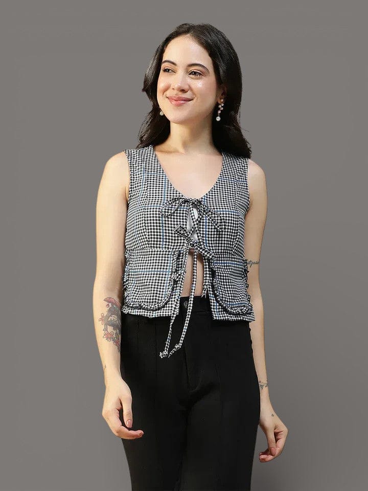 Women Black Check Slub V-Neck Sleeveless Tie-Up Top With Front Pockets