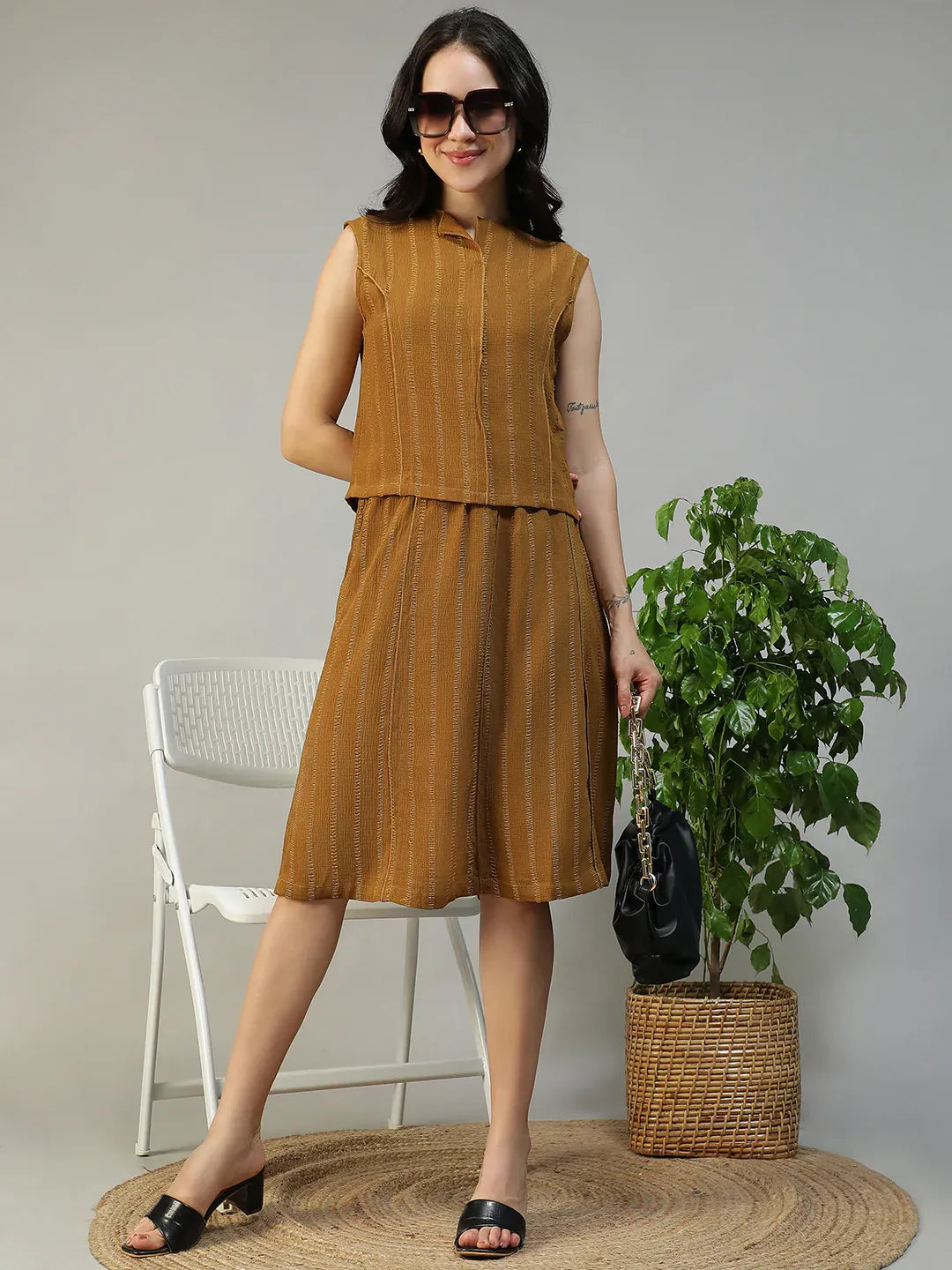 Women Mustard Stripe Sleeveless Top & Knee-Length Skirt Co-Ord Set