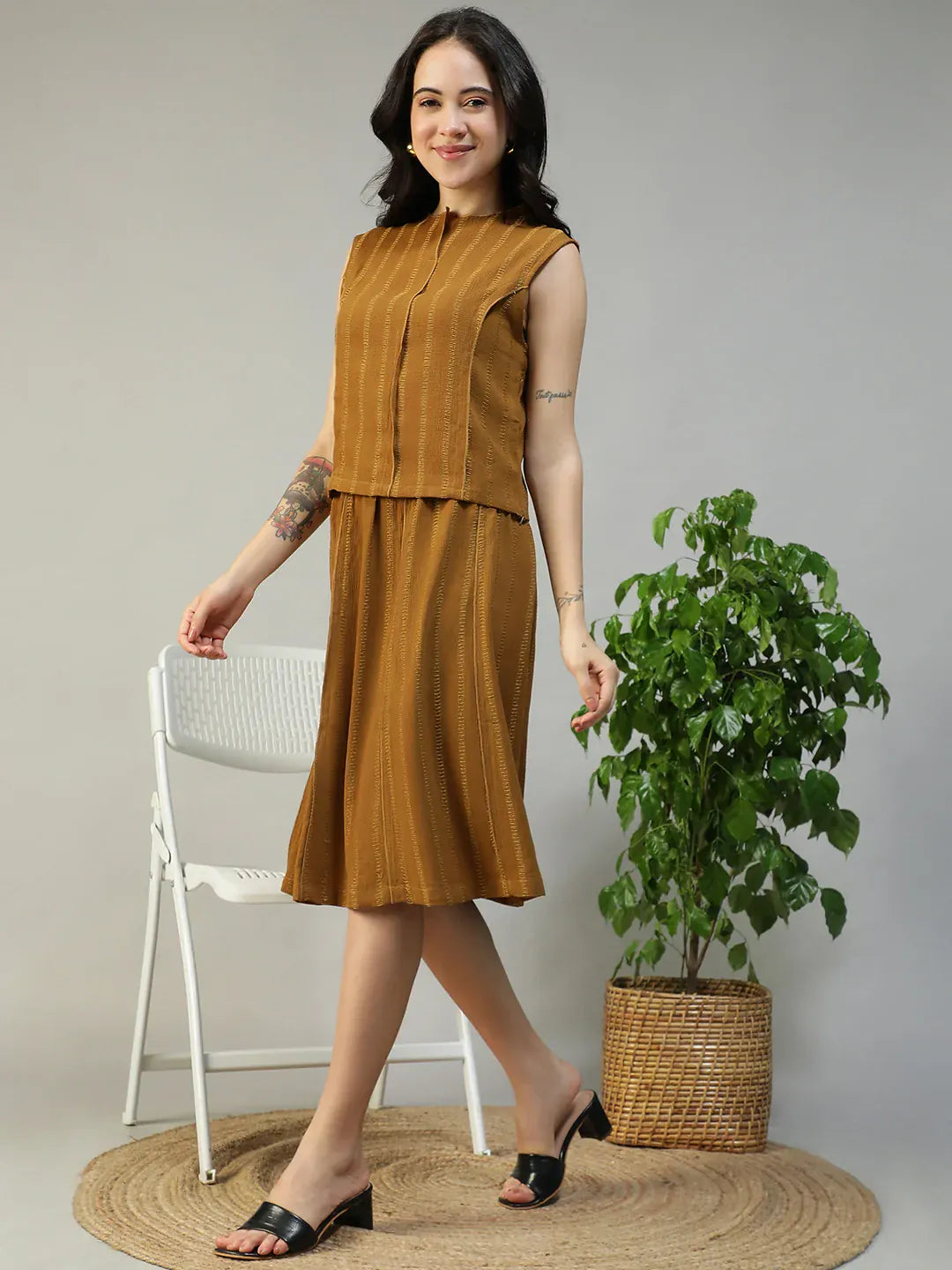 Women Mustard Stripe Sleeveless Top & Knee-Length Skirt Co-Ord Set