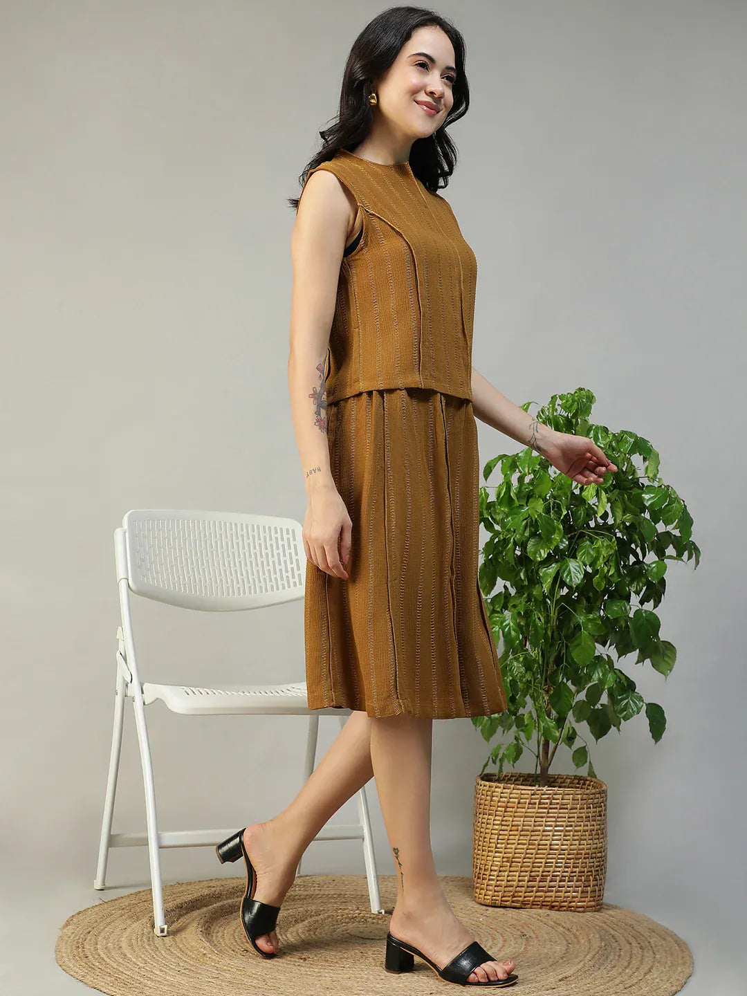 Women Mustard Stripe Sleeveless Top & Knee-Length Skirt Co-Ord Set