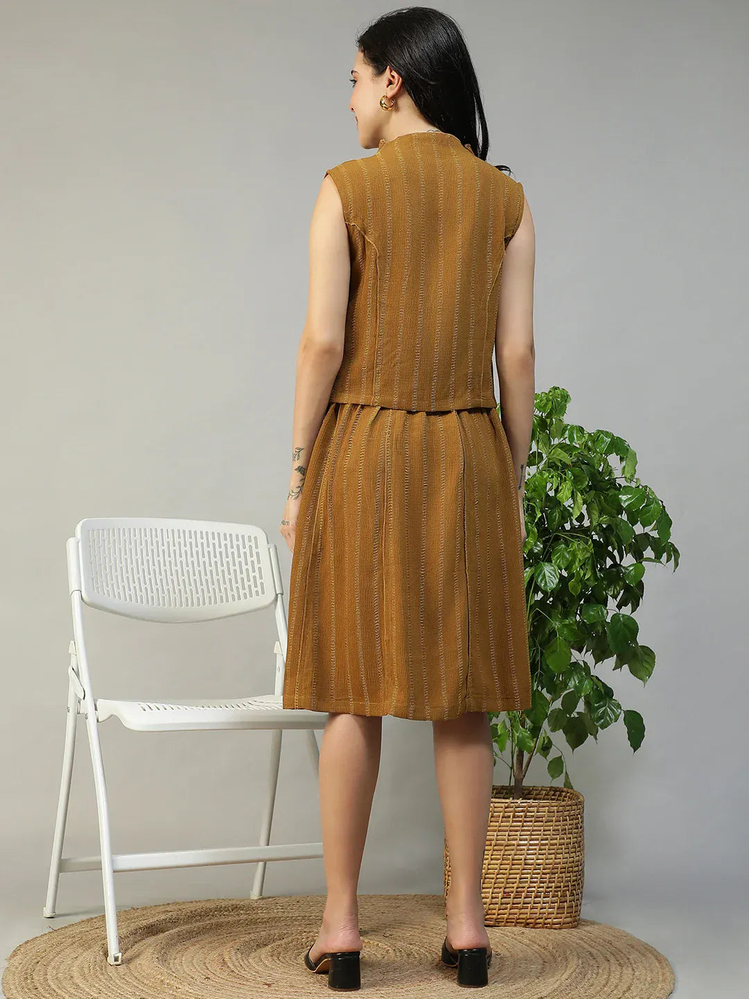 Women Mustard Stripe Sleeveless Top & Knee-Length Skirt Co-Ord Set