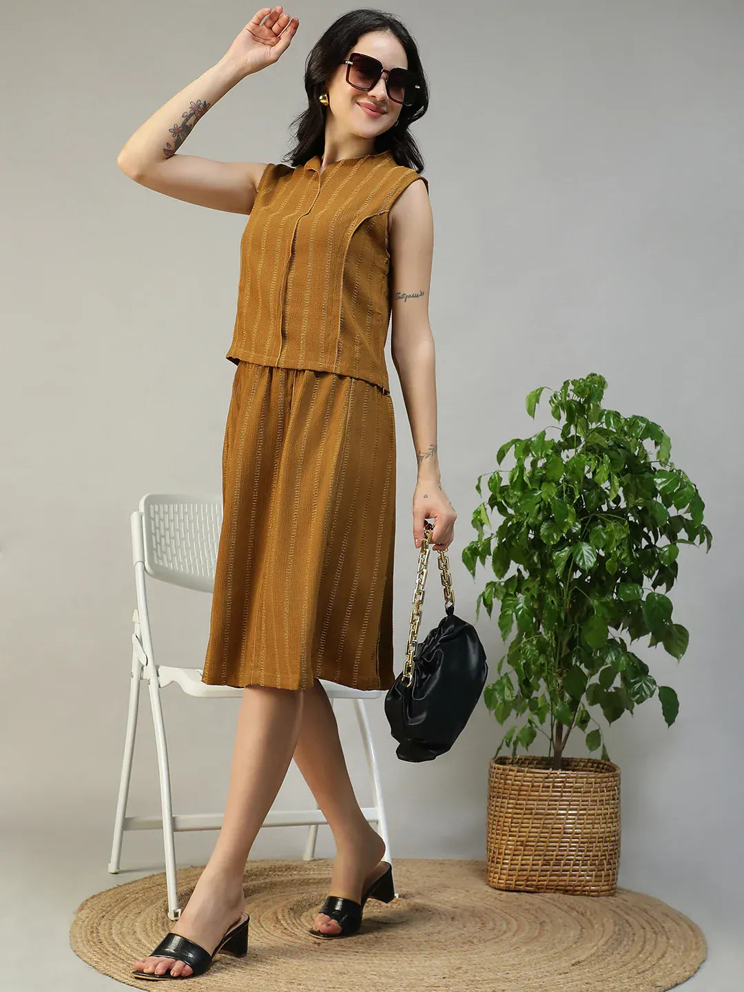 Women Mustard Stripe Sleeveless Top & Knee-Length Skirt Co-Ord Set