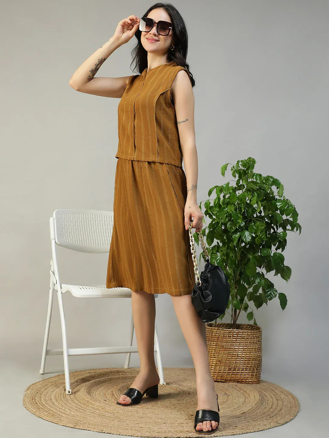 Women Mustard Stripe Sleeveless Top & Knee-Length Skirt Co-Ord Set