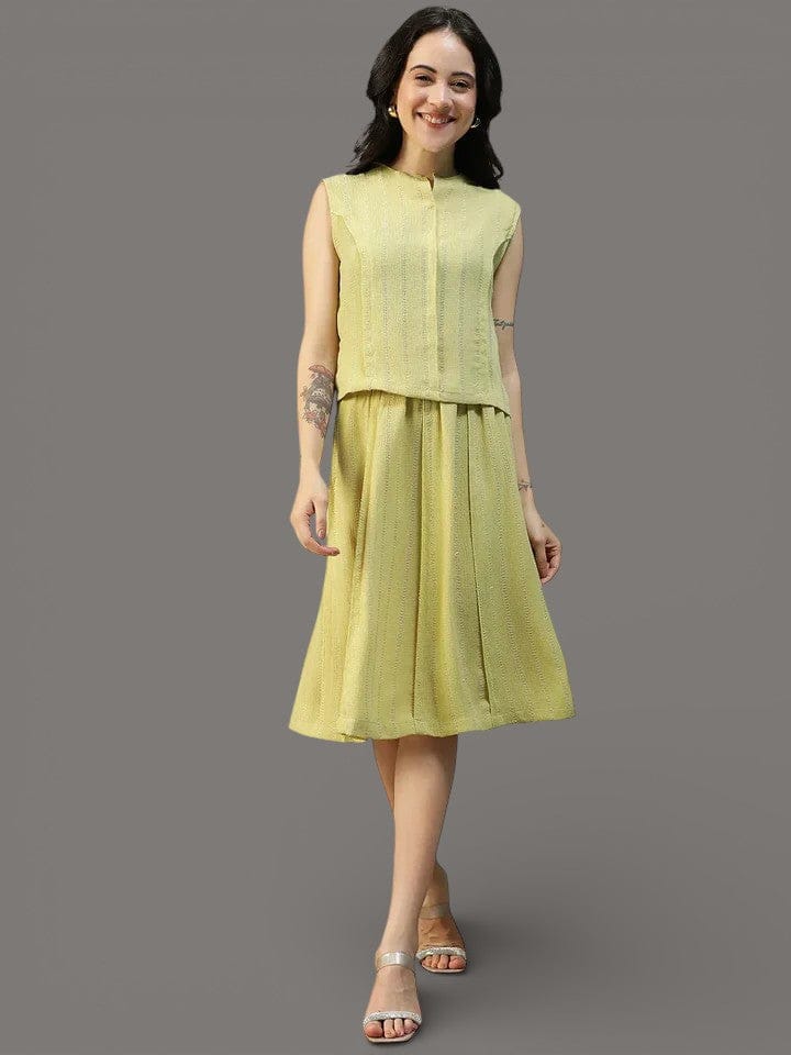 Women Yellow Stripe Sleeveless Top & Knee-Length Skirt Co-Ord Set