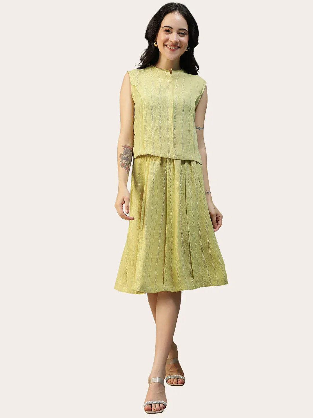 Women Green Stripe Sleeveless Top & Knee-Length Skirt Co-Ord Set