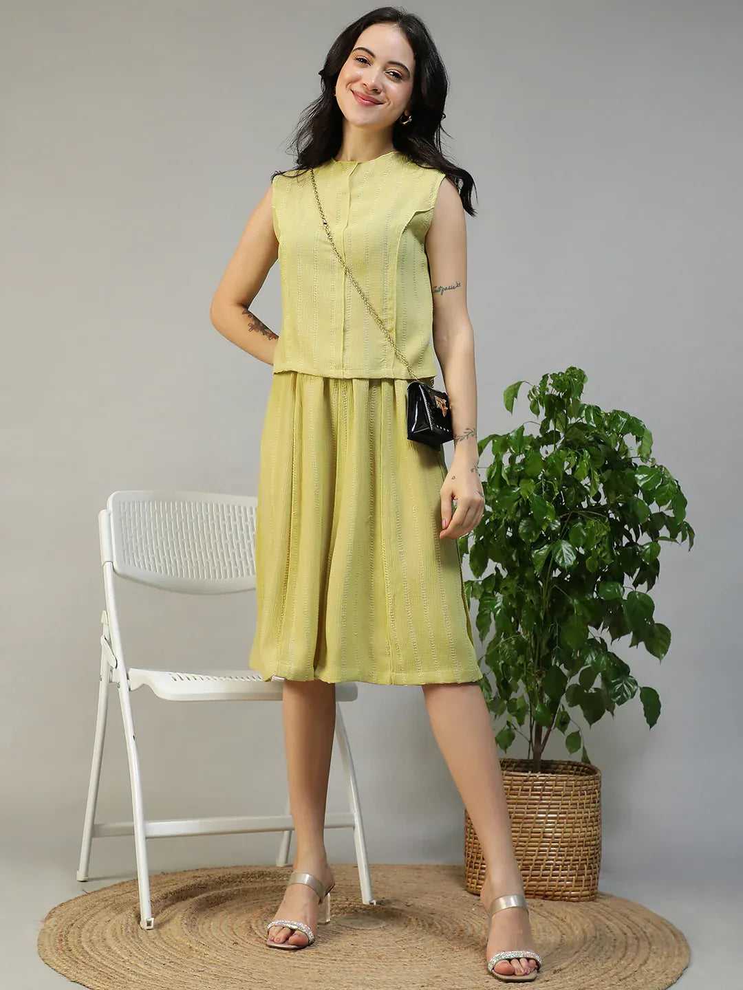 Women Green Stripe Sleeveless Top & Knee-Length Skirt Co-Ord Set