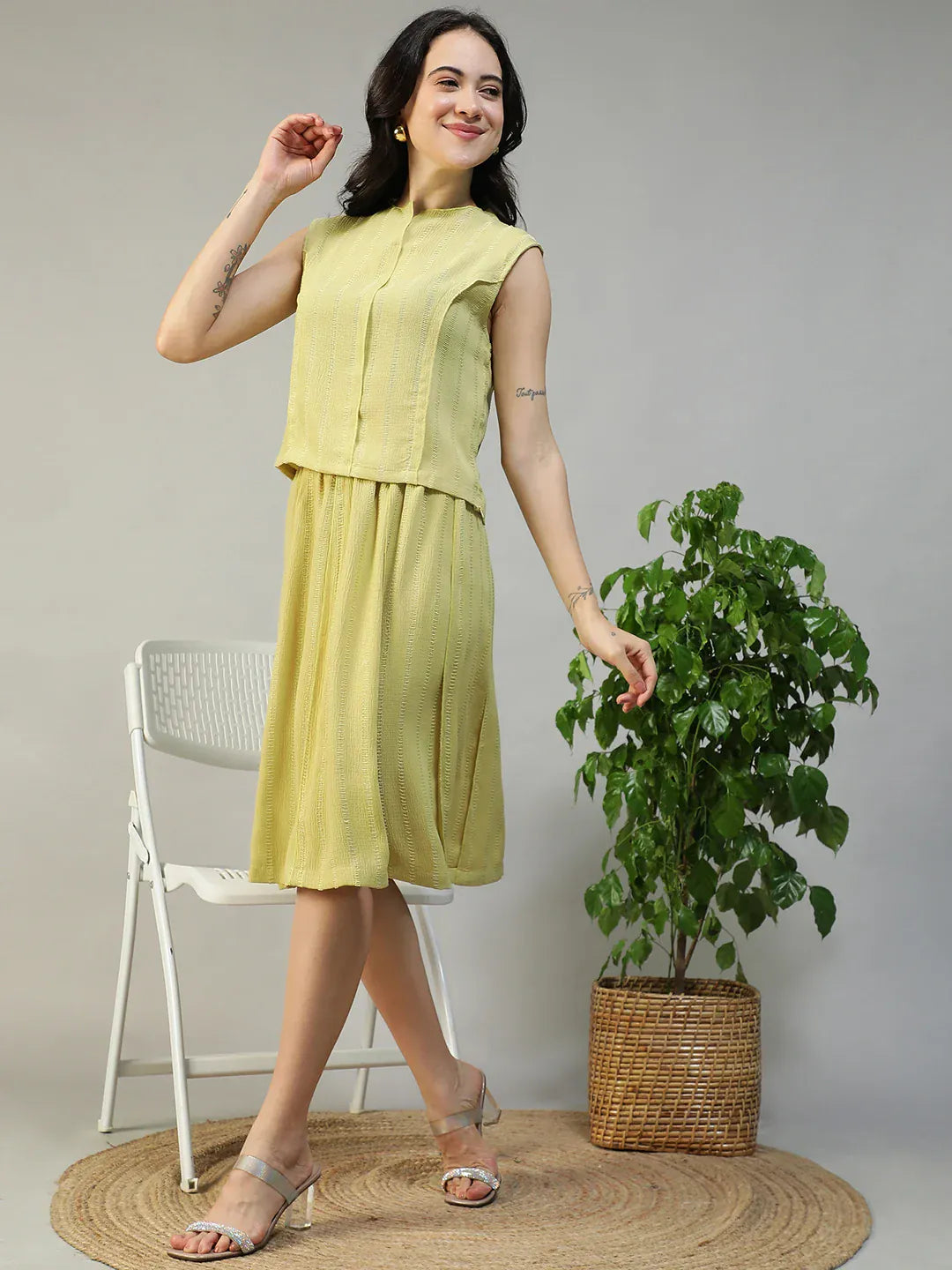 Women Green Stripe Sleeveless Top & Knee-Length Skirt Co-Ord Set
