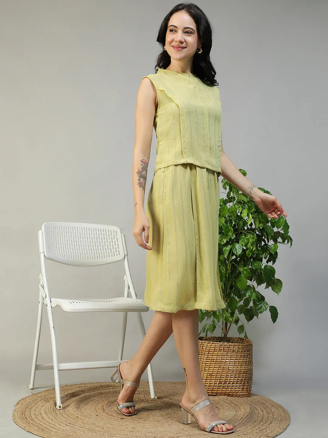 Women Green Stripe Sleeveless Top & Knee-Length Skirt Co-Ord Set