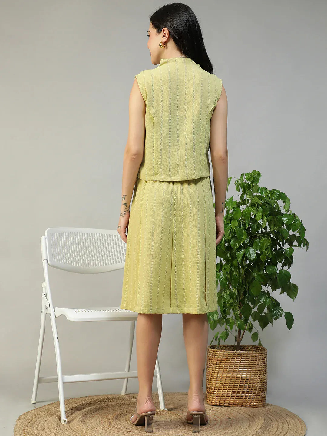 Women Green Stripe Sleeveless Top & Knee-Length Skirt Co-Ord Set