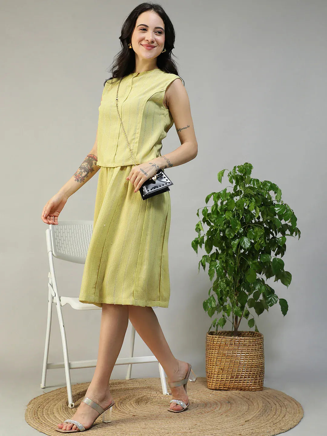 Women Green Stripe Sleeveless Top & Knee-Length Skirt Co-Ord Set