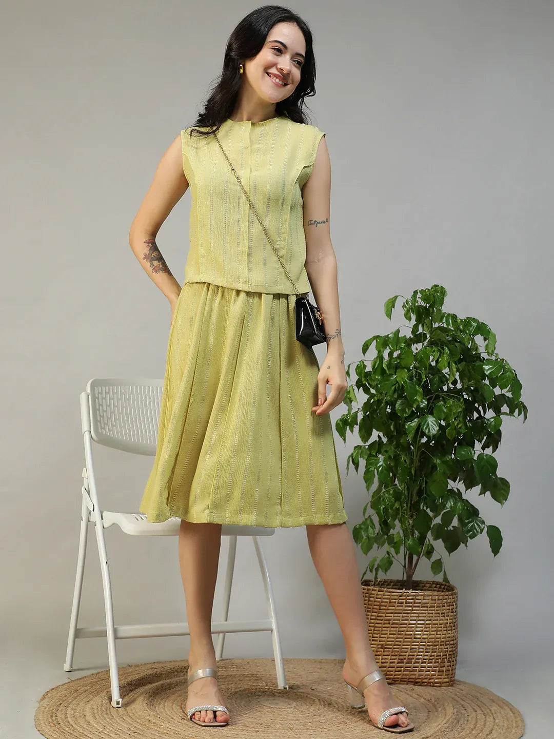 Women Green Stripe Sleeveless Top & Knee-Length Skirt Co-Ord Set