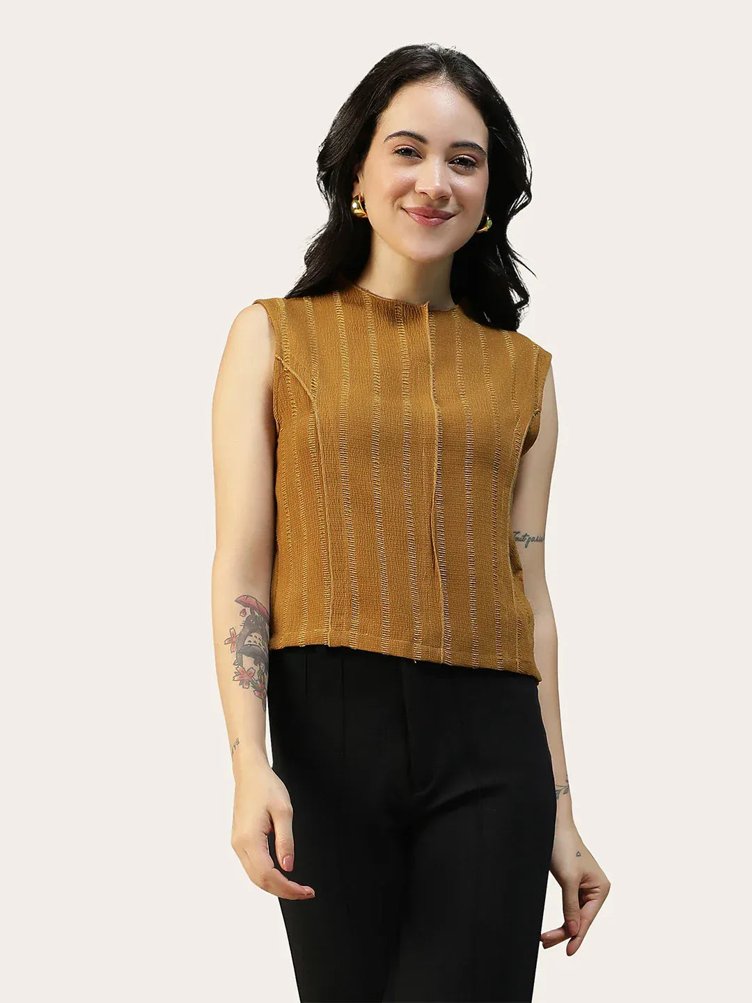 Women Mustard Round Neck Sleeveless Top With Side Zip Closure