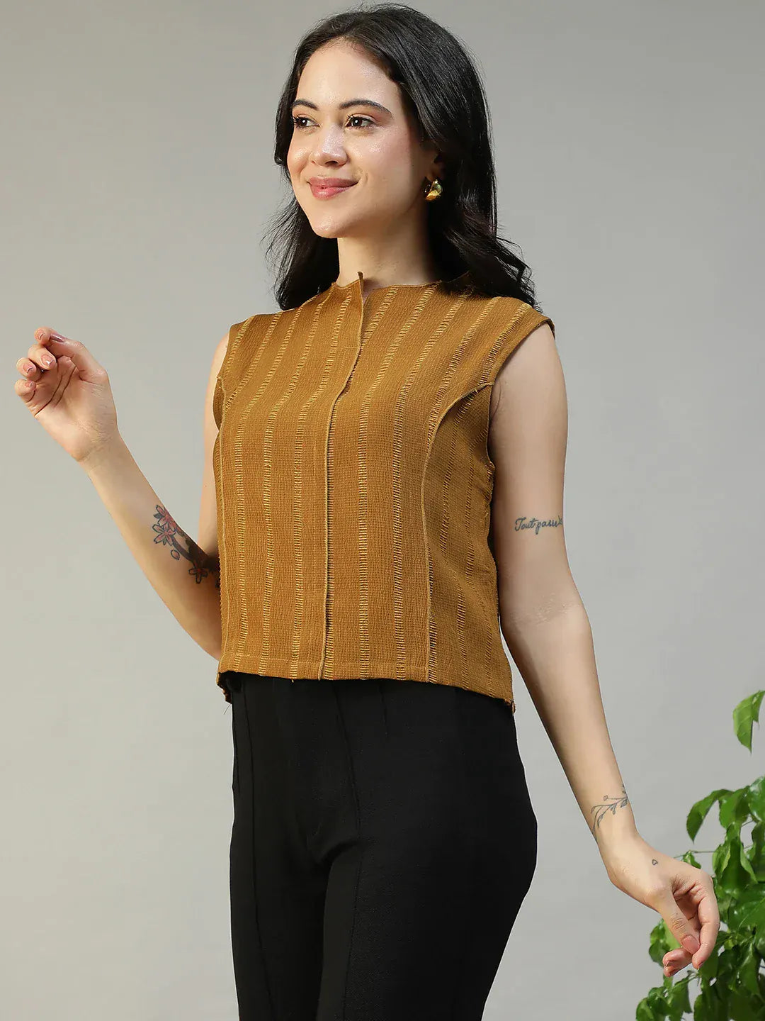 Women Mustard Round Neck Sleeveless Top With Side Zip Closure