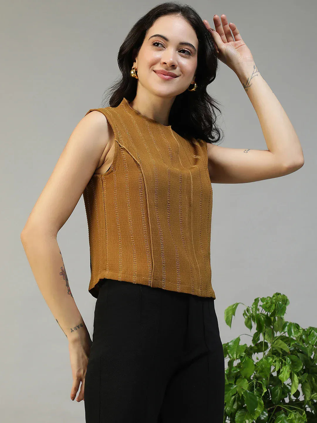 Women Mustard Round Neck Sleeveless Top With Side Zip Closure