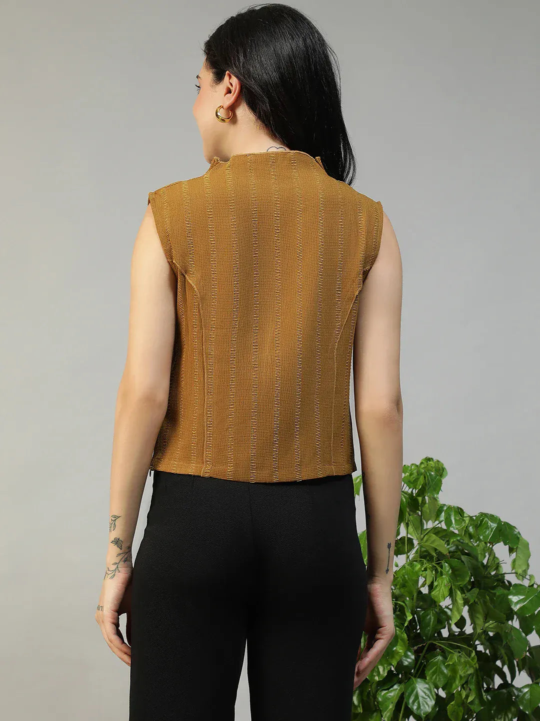 Women Mustard Round Neck Sleeveless Top With Side Zip Closure