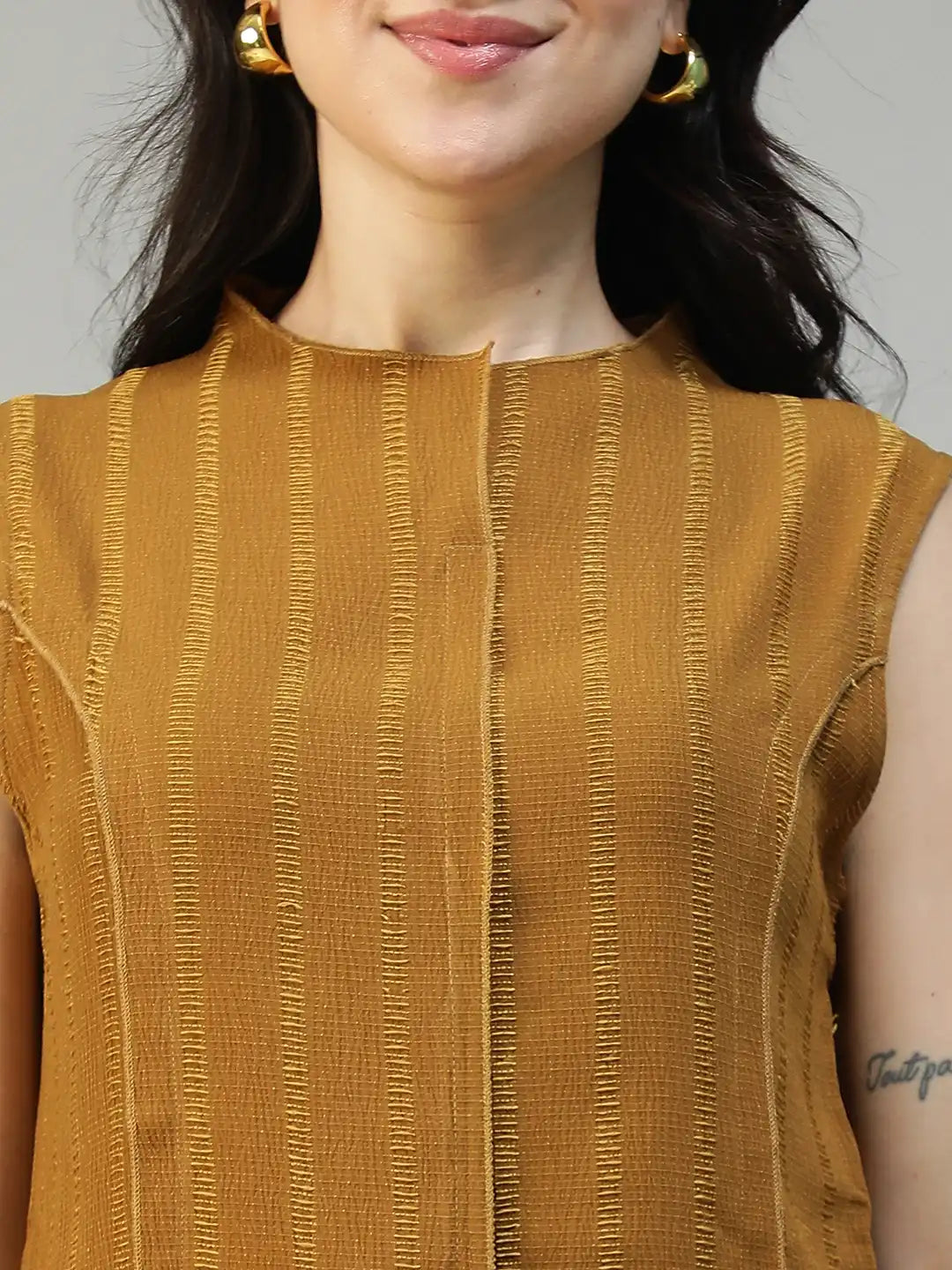 Women Mustard Round Neck Sleeveless Top With Side Zip Closure