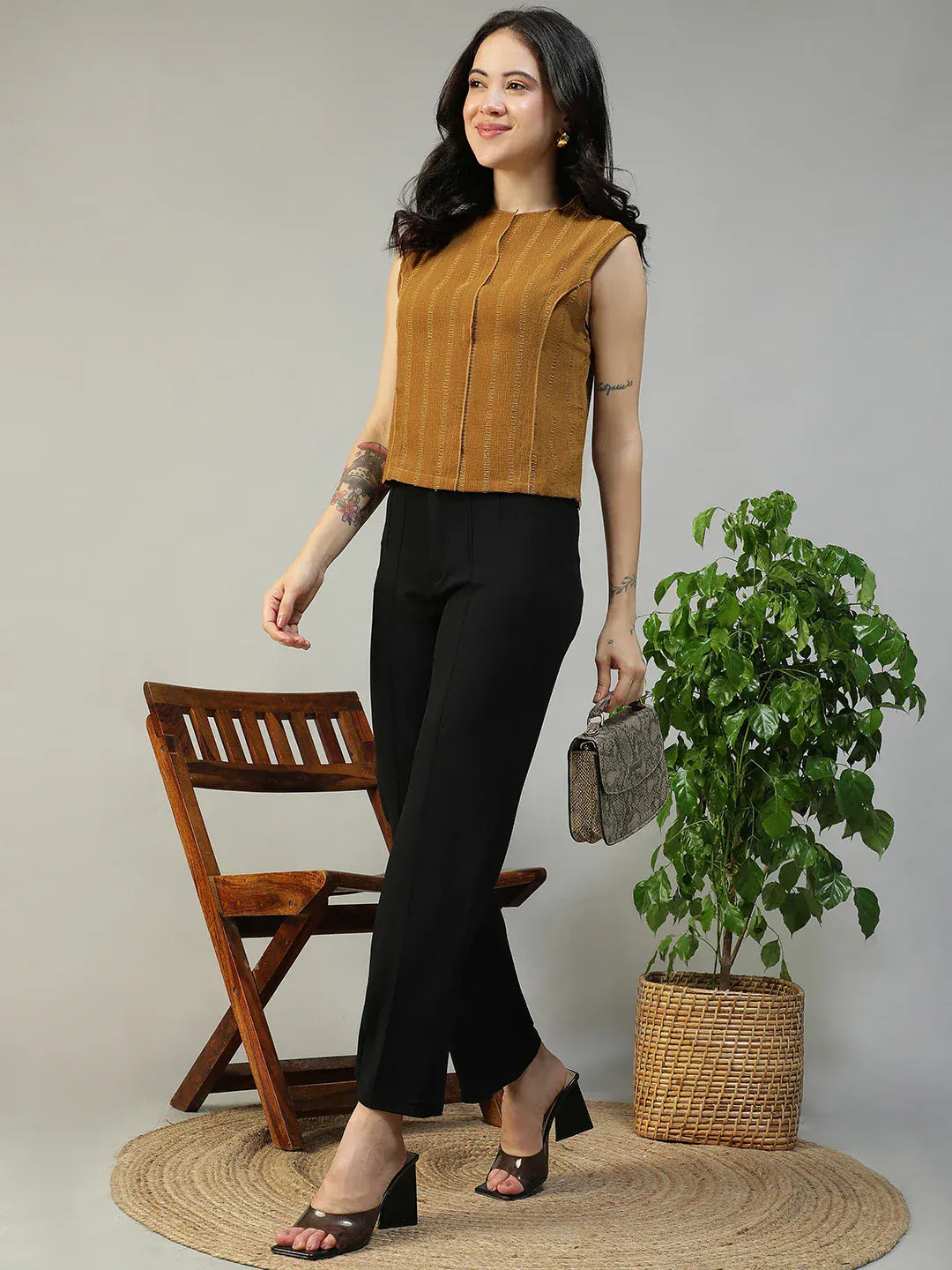 Women Mustard Round Neck Sleeveless Top With Side Zip Closure