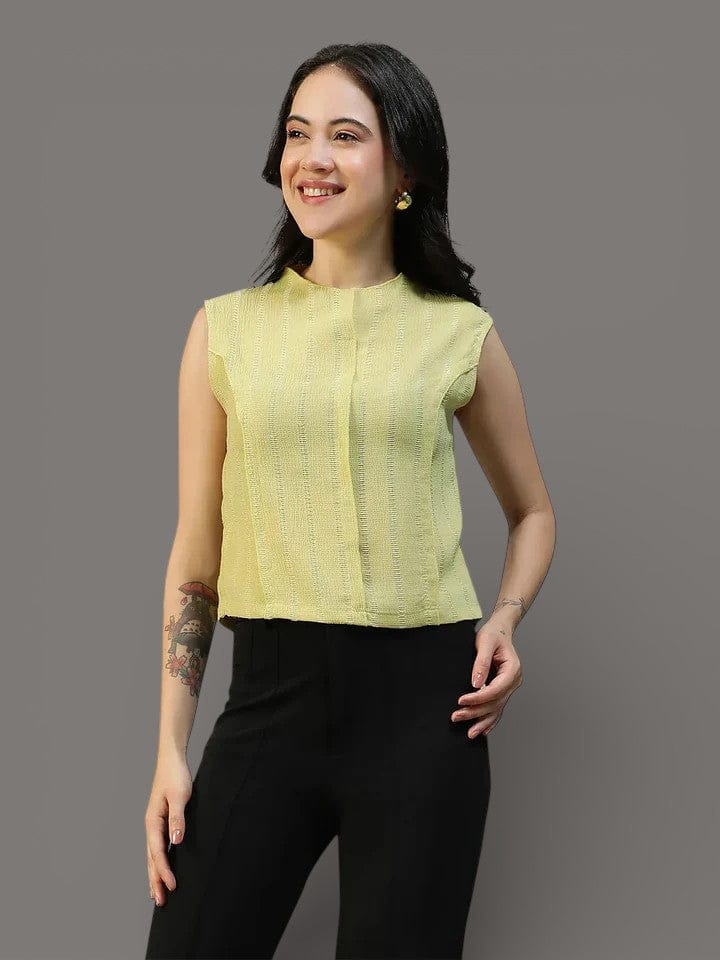 Women Yellow Round Neck Sleeveless Top With Side Zip Closure