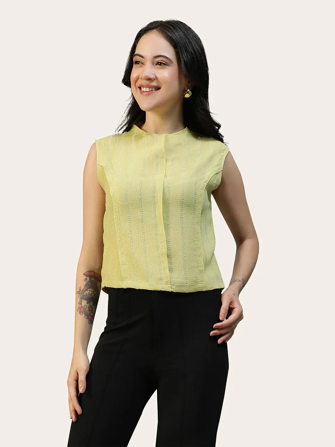 Women Yellow Round Neck Sleeveless Top With Side Zip Closure