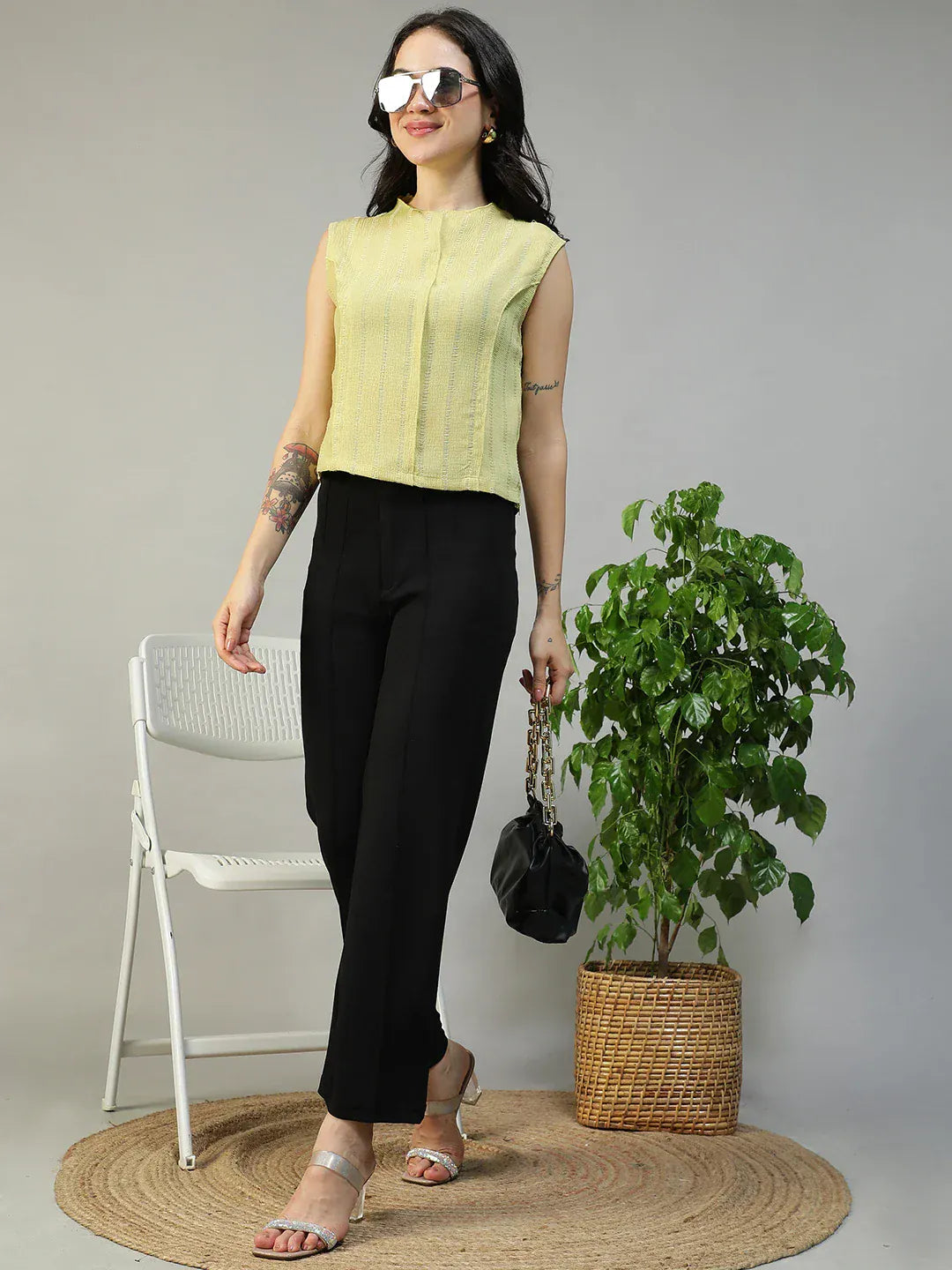 Women Yellow Round Neck Sleeveless Top With Side Zip Closure