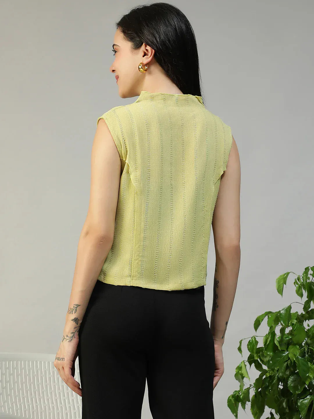 Women Yellow Round Neck Sleeveless Top With Side Zip Closure