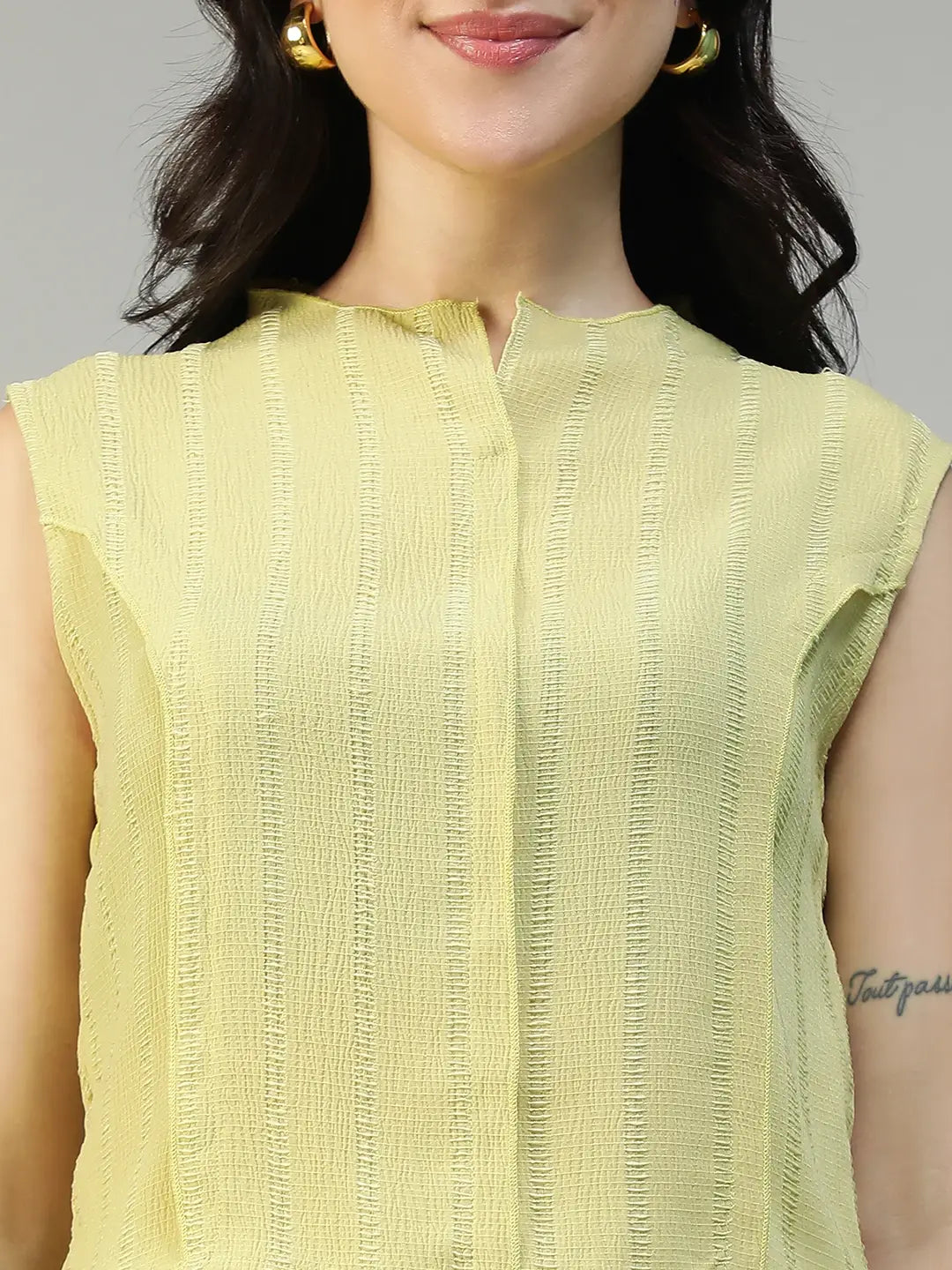 Women Yellow Round Neck Sleeveless Top With Side Zip Closure